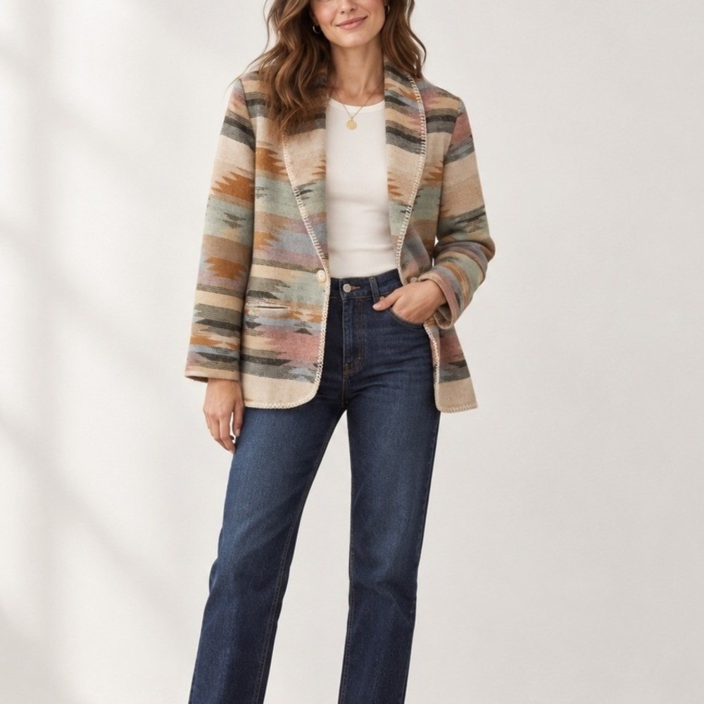 Petite Sophisticate Aztec Southwestern Blanket Blazer Wool Blend Jacket USA Made
